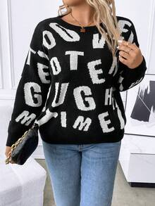 SHEIN LUNE 大碼字母圖案落肩袖套頭毛衣 - 黑色 - 查看 5