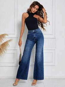 SHEIN LUNE High Waist Flare Leg Jeans - Dark Wash - View 2