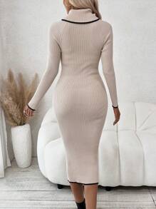 SHEIN Clasi Contrast Binding Turtleneck Raglan Sleeve Sweater Dress - Apricot - View 2