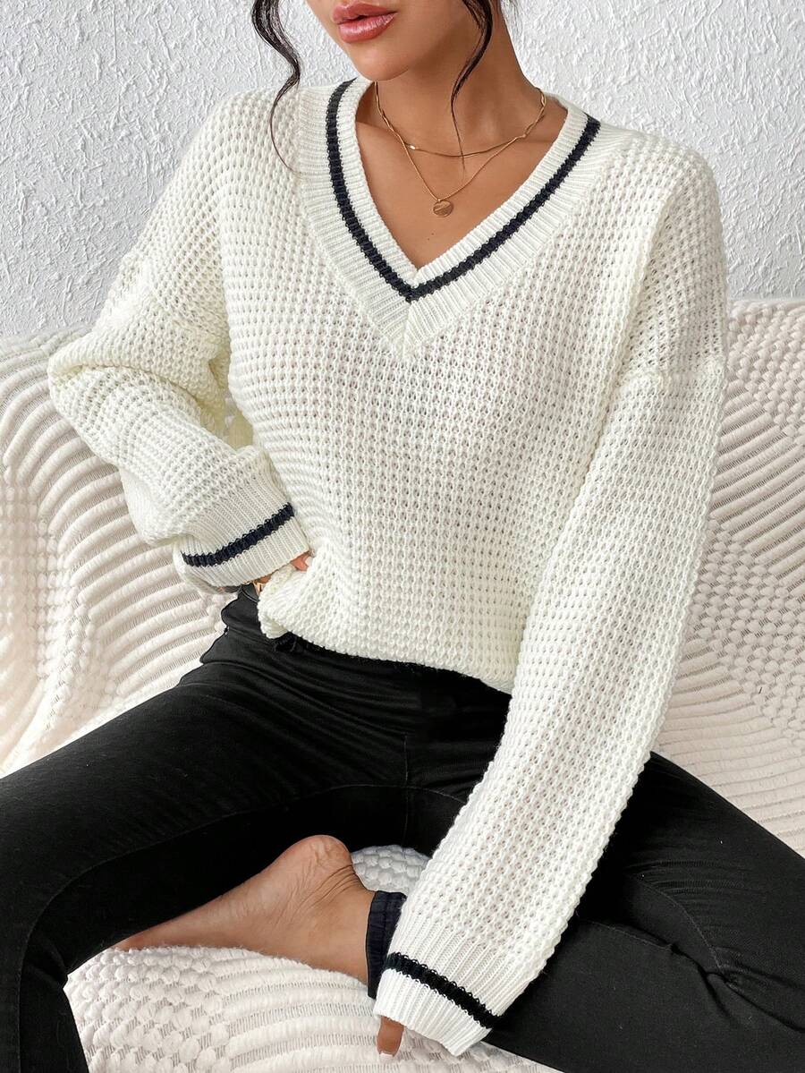 SHEIN Essnce Jersey ribete de rayas de hombros caídos - Beis - Ver 1