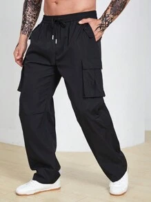 Manfinity Homme Men Plus Flap Pocket Side Cargo Loose Pants Straight Leg Long Drawstring Plain Black Going Out Size - Black - View 6