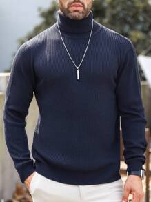Manfinity Homme Nam Chất rắn Áo cao cổ Đồ đan Ribbed Áo len - Màu xám đen - Xem 1