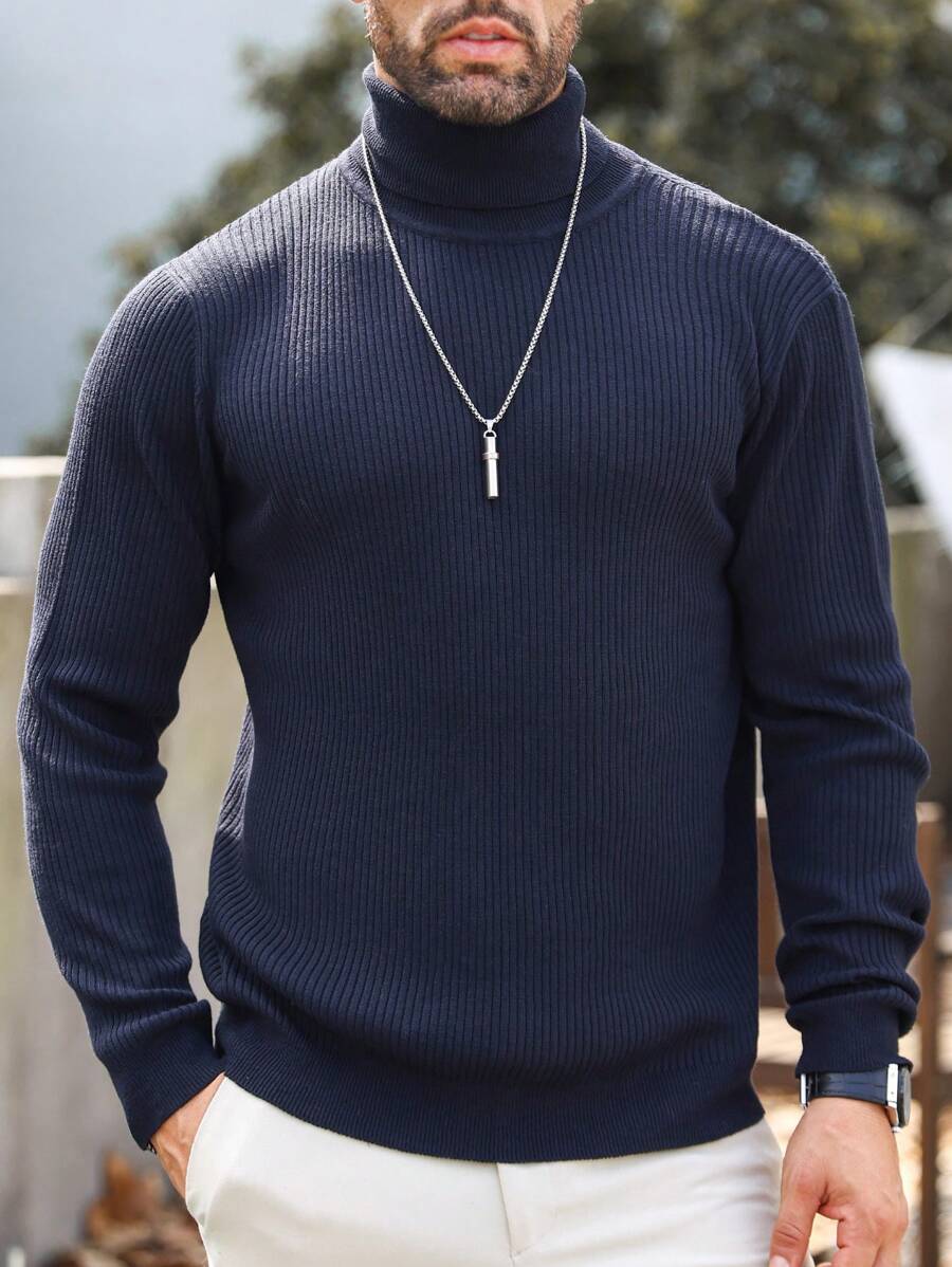 Manfinity Homme Nam Chất rắn Áo cao cổ Đồ đan Ribbed Áo len - Màu xám đen - Xem 1
