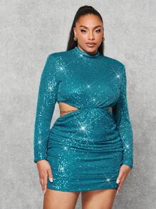 SHEIN BAE Robe de soirée formelle pour femmes de grande taille avec sequins bleus pour le Nouvel An - Vert - Voir 4