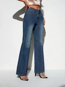 SHEIN BAE 高腰牛仔喇叭褲 - 藍色 - 查看 3