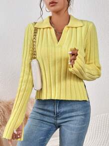 Chiquease Suéter de punto acanalado con puño dividido, parte superior de manga larga de punto, suéter de punto para otoño e invierno - Amarillo - Ver 4