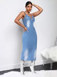 SHEIN SXY Ruched Front Cut Out Cami Denim Dress - Medium Wash - View 3