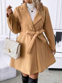 SHEIN Clasi 大碼西裝領腰帶花呢外套 - 卡其色 - 查看 2