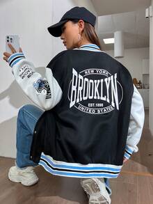 SHEIN Unity Cazadora de universidad con estampado de letra de dos tonos de hombros caídos ribete de rayas - Blanco y Negro - Ver 2