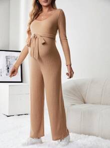 SHEIN Maternity Ribbed Knit Belted Jumpsuit - Khaki - View 6