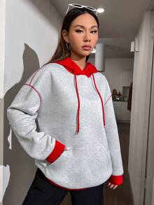 SHEIN Unity Khâu trên cùng Túi kangaroo Thả vai Dây rút Hoodie - Nhiều màu - Xem 3
