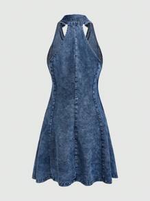 SHEIN MOD Halter Neck Denim Dress - Medium Wash - View 2
