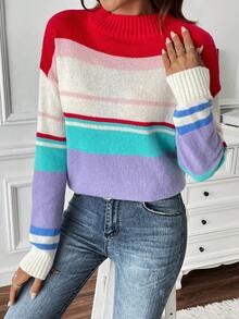SHEIN LUNE Striped Color Block Mock Neck Drop Shoulder Sweater - Multicolor - View 6