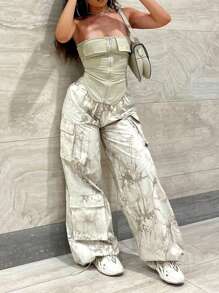 Solid Bandana Tube Top & Flap Pocket Cargo Pants - 綠色 - 查看 1