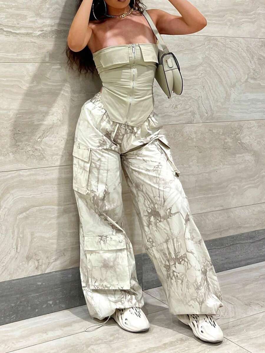 Solid Bandana Tube Top & Flap Pocket Cargo Pants - 綠色 - 查看 1