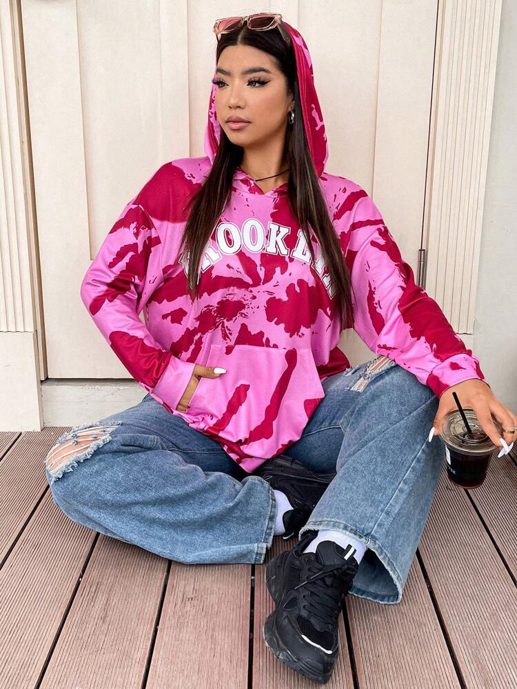 Plus Size Tie Dye Letter Graphic Kangaroo Pocket Drop Shoulder Sweatshirt