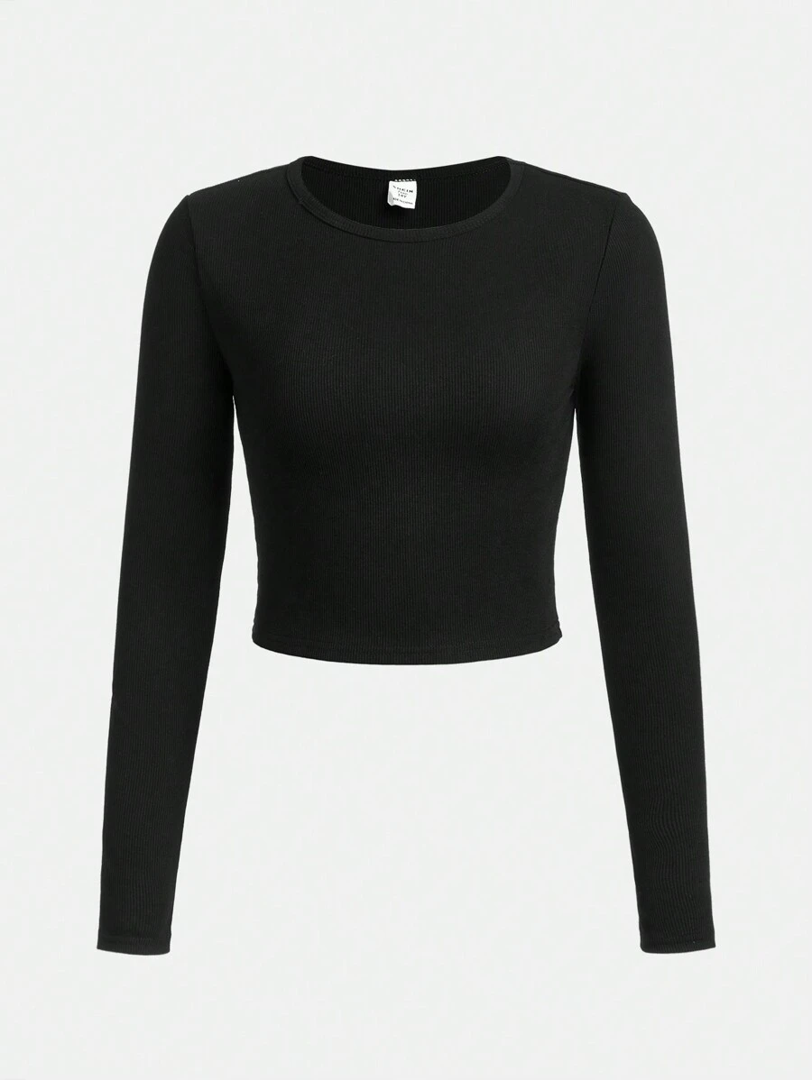 SHEIN Girlism Thiếu niên Cô gái Dệt kim Màu thuần Sọc Vòng cổ Tay áo dài Áo thun - màu đen - Xem 1