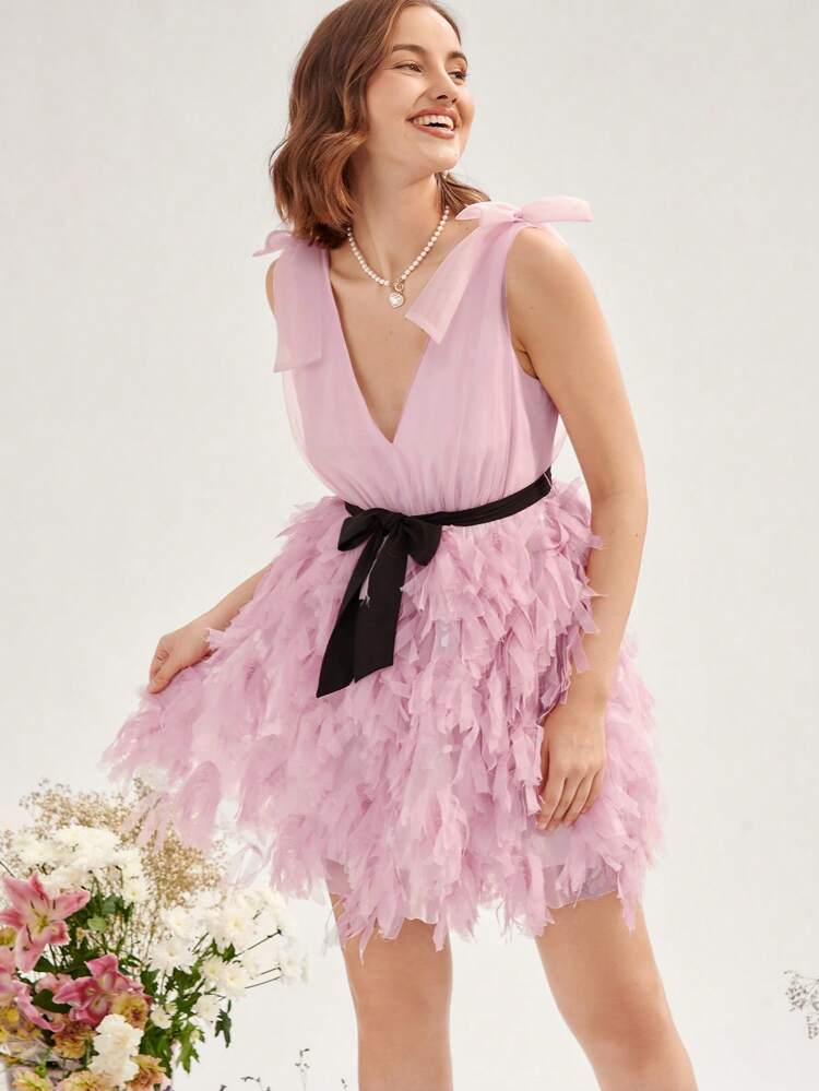 Tie Shoulder Belted Fuzzy Trim Dress With Belt