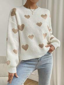 Chiquease Heart Pattern Drop Shoulder Sweater,Long Sleeve Tops Knit Pullover Fall Winter Outfit - Multicolor - View 3