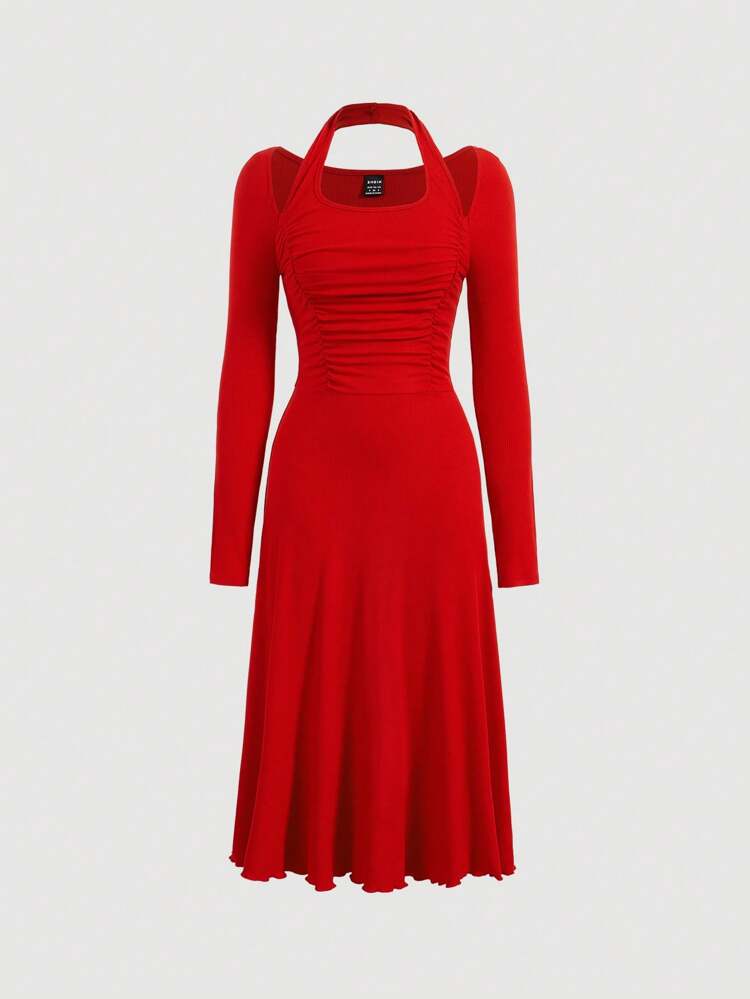 Solid Ruched Bust Halter Neck Dress