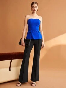BizChic Button Front Flap Detail Tube Top - Blue - View 4