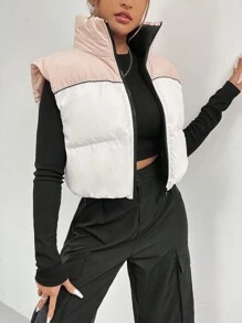 SHEIN Unity Colorblock Zip Up Casual Vest Winter Coat - White - View 4