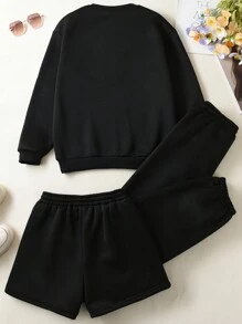 青少年女孩素色加絨內裏衛衣和衛褲&短褲 - 黑色 - 查看 2