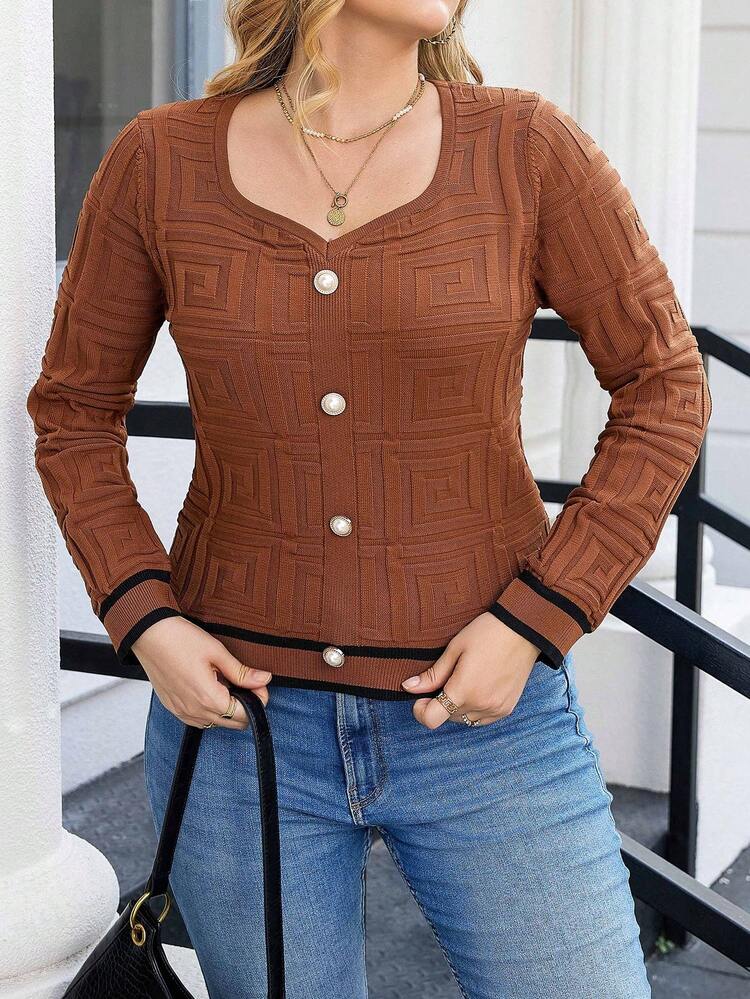 Plus Striped Trim Button Front Sweetheart Neck Sweater Knit Pullover Fall Winter Sweater