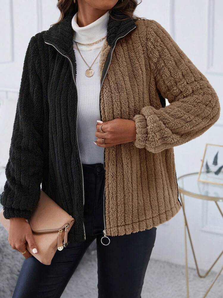 Two Tone Zip Up Teddy Coat Fall Cloth For Women