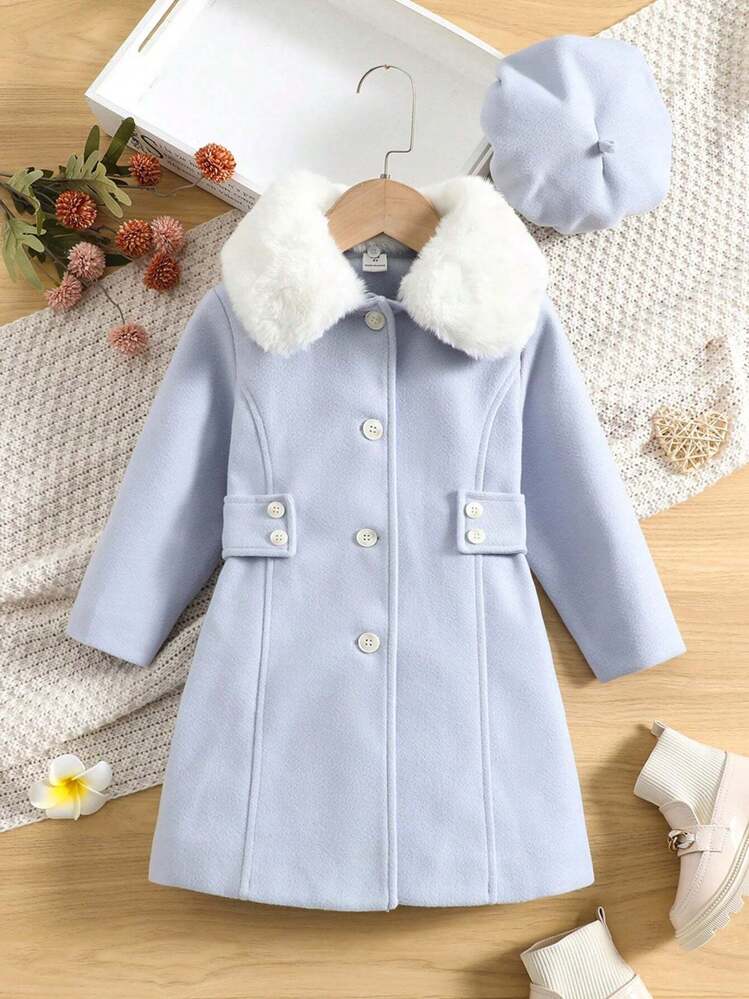 SHEIN Chica Joven Abrigo cuello de borreguito con botón - Azul - Ver 1