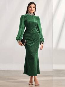 Modelyn Mock Neck Lantern Sleeve Ruched Velvet Dress - Green - View 5