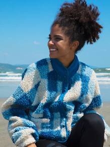 In My Nature 格紋印花插肩袖戶外搖粒絨夾克 - 藍色 - 查看 3