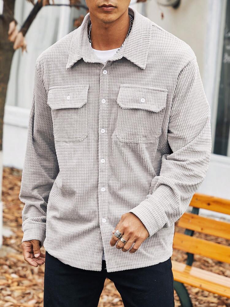 Men Plus Solid Textured Flap Pocket Shacket