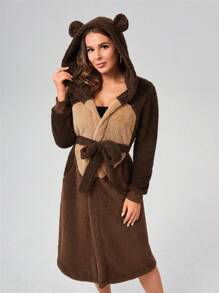 Khối màu Thiết kế tai 3D áo có mũ Thắt lưng Flannel Áo choàng ngủ - Nhiều màu - Xem 1