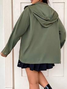 Flirla Plus Flap Pocket Drawstring Hooded Coat - Green - View 2