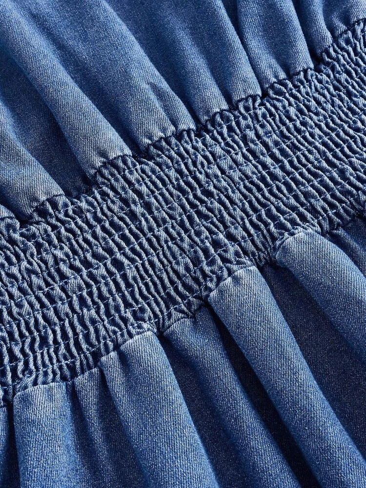 Drop Shoulder Fold Pleated Detail Button Through Denim Dress