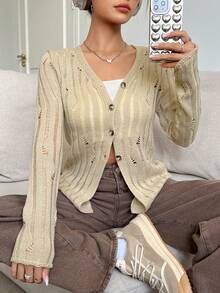 SHEIN EZwear Upward Buttoned Hollow Out Knit Cardigan - Khaki - View 3