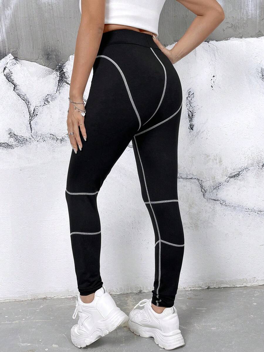 Muchica 頂針寬腰帶緊身打底褲 - 黑色 - 查看 1