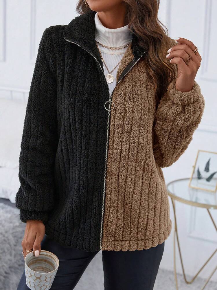 Two Tone Zip Up Teddy Coat Fall Cloth For Women