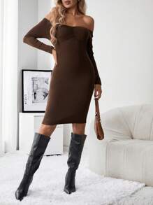 SHEIN Thai sản Off Shoulder Viền mặt trước Váy bodycon - Màu nâu  Mocha - Xem 8