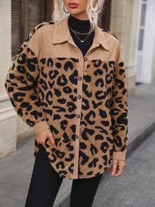 SHEIN Clasi Leopard Print Drop Shoulder Flannel Coat - Multicolor - View 7