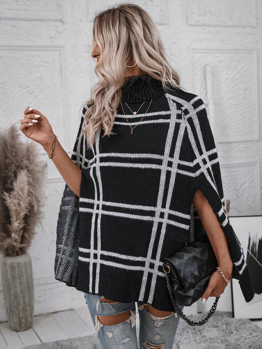 SHEIN LUNE Plaid Pattern Batwing Sleeve Knit Poncho - Multicolor - View 1
