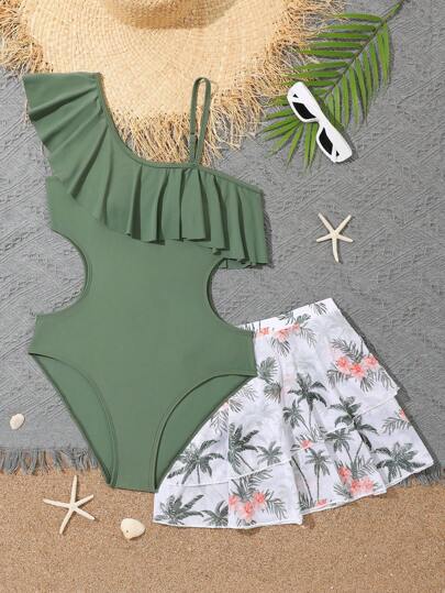 Teen Girl Tropical Print Ruffle Trim Cut Out One Piece Swimsuit With Beach Skirt Summer Holiday