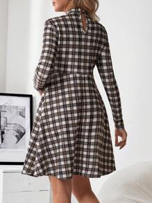 SHEIN Maternity Plaid Print Mock Neck Dress - Brown - View 2
