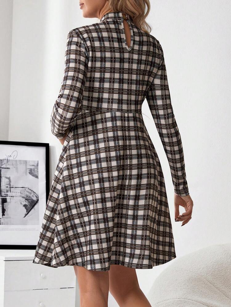Maternity Plaid Print Mock Neck Dress