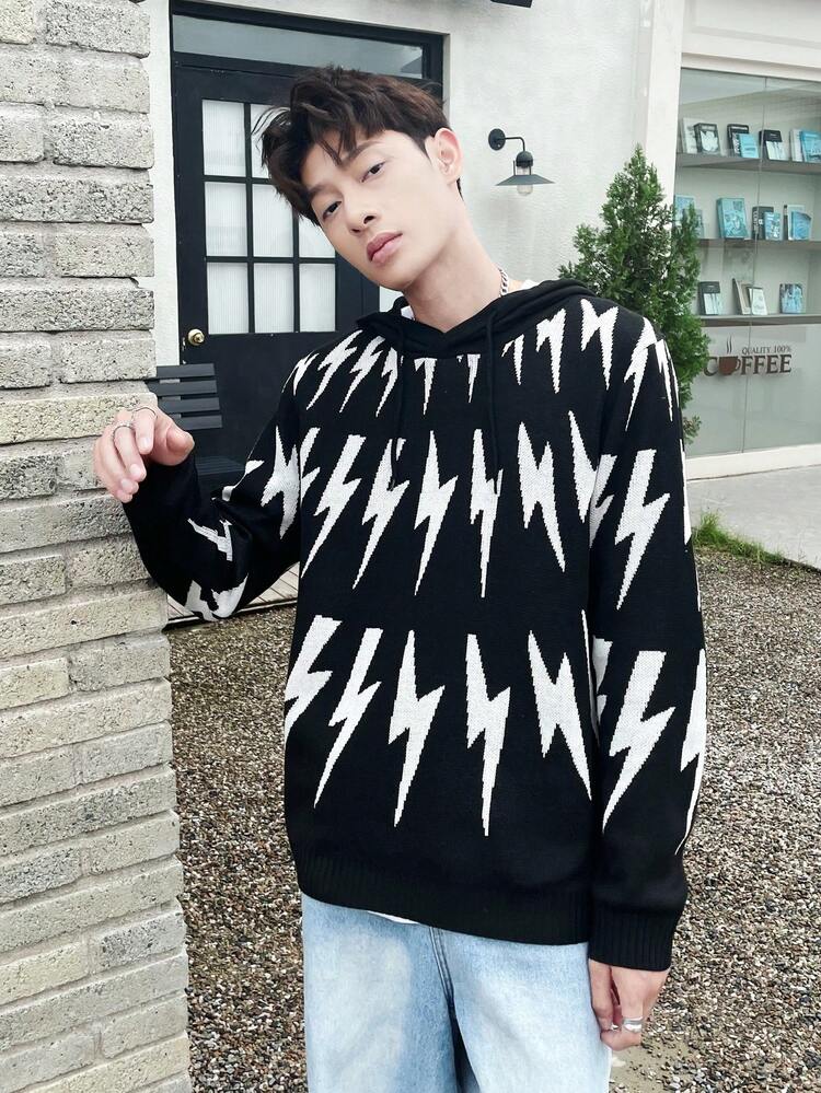 Men 1pc Lightning Pattern Hooded Sweater