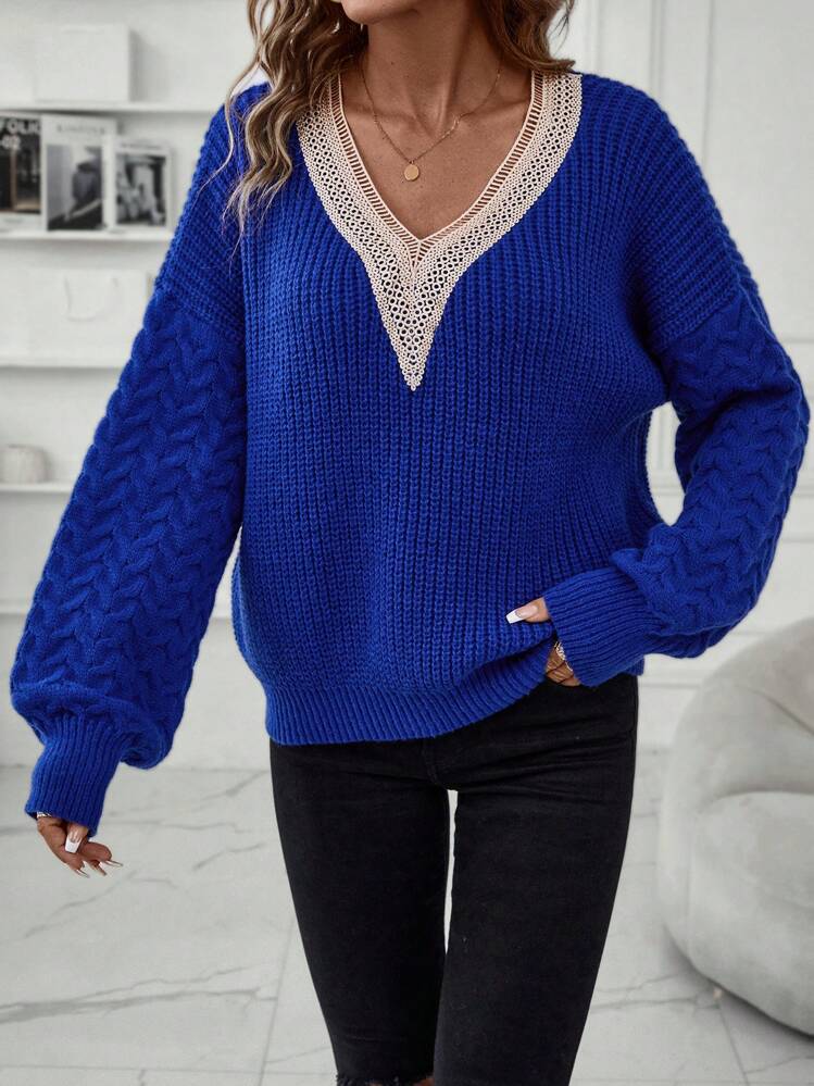 SHEIN LUNE Guipure Lace Insert Lantern Sleeve Cable Knit Drop Shoulder Knit Pullover Fall Winter Sweater - Royal Blue - View 6