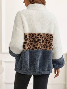 SHEIN Maternity Leopard Pattern Colorblock Drop Shoulder Teddy Jacket - Multicolor - View 2