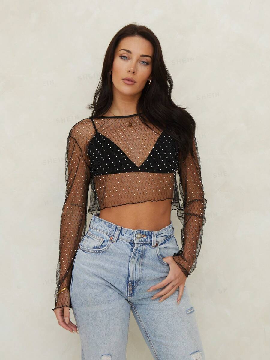 Rhinestone Detail Sheer Mesh Crop Top Without Bra, Going Out Top - Black - View 1