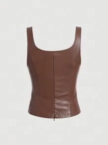 SHEIN MOD Solid PU Leather Tank Top Without Dress - Brown - View 2